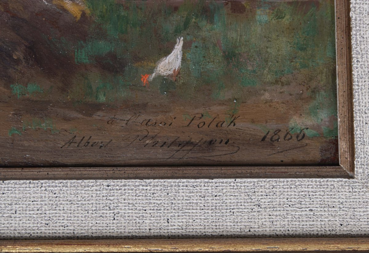 Albert Charles PHILIPPON "Cour de ferme" 1886 huile sur toile 26x40-photo-2